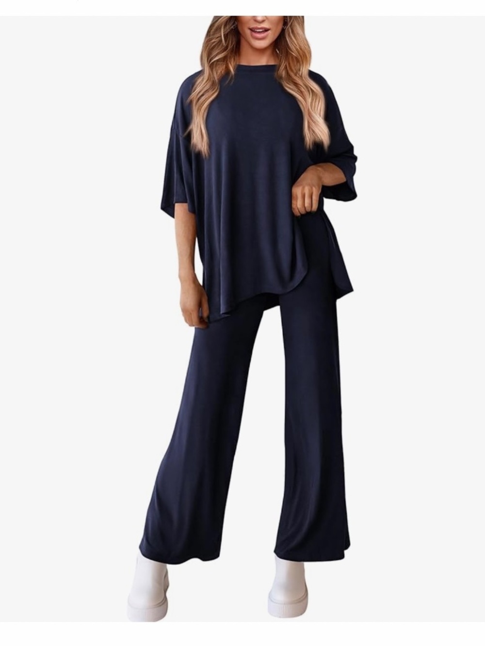 Relaxed Wide-Leg Navy Pantsuit Set - Picture 3 of 5